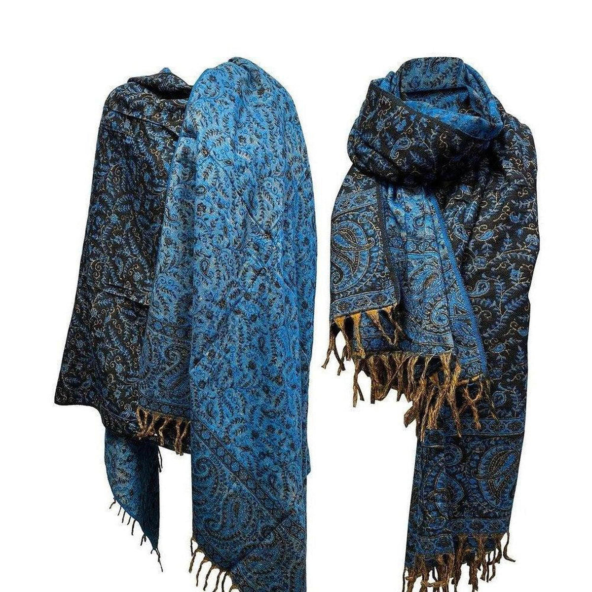 Luxurious blue and black yak wool shawl featuring intricate paisley patterns and decorative fringe edges.