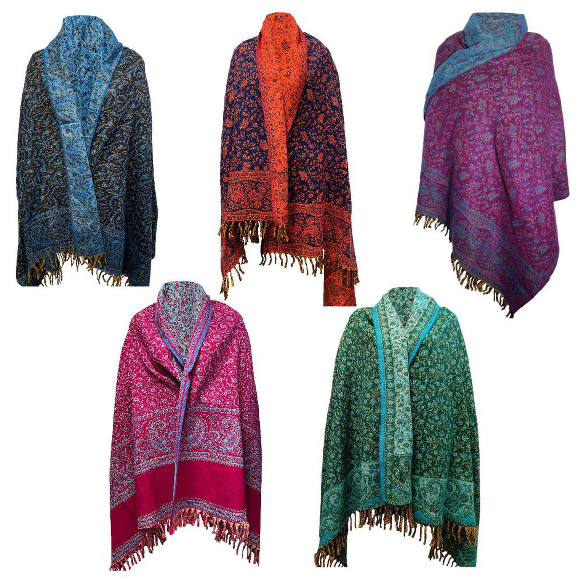 Five handcrafted yak wool shawls in vibrant colors with intricate floral paisley patterns and fringed edges.