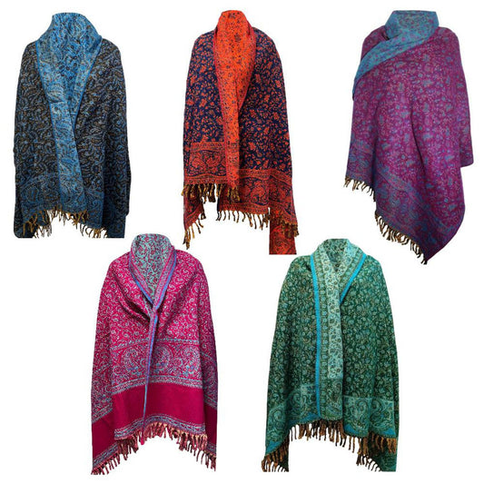 Five handcrafted yak wool shawls in vibrant colors with intricate floral paisley patterns and fringed edges.