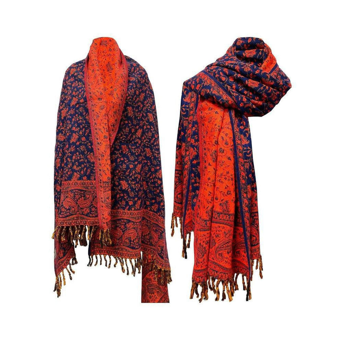 Reversible yak wool shawl in navy blue and orange with intricate paisley patterns and fringed edges.