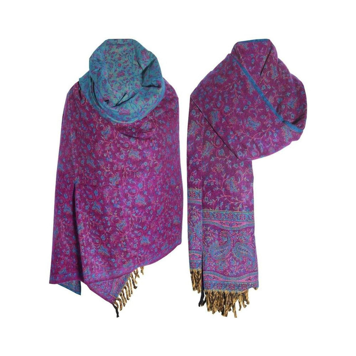 Soft purple and teal yak wool shawl with intricate floral paisley patterns and fringed edges.