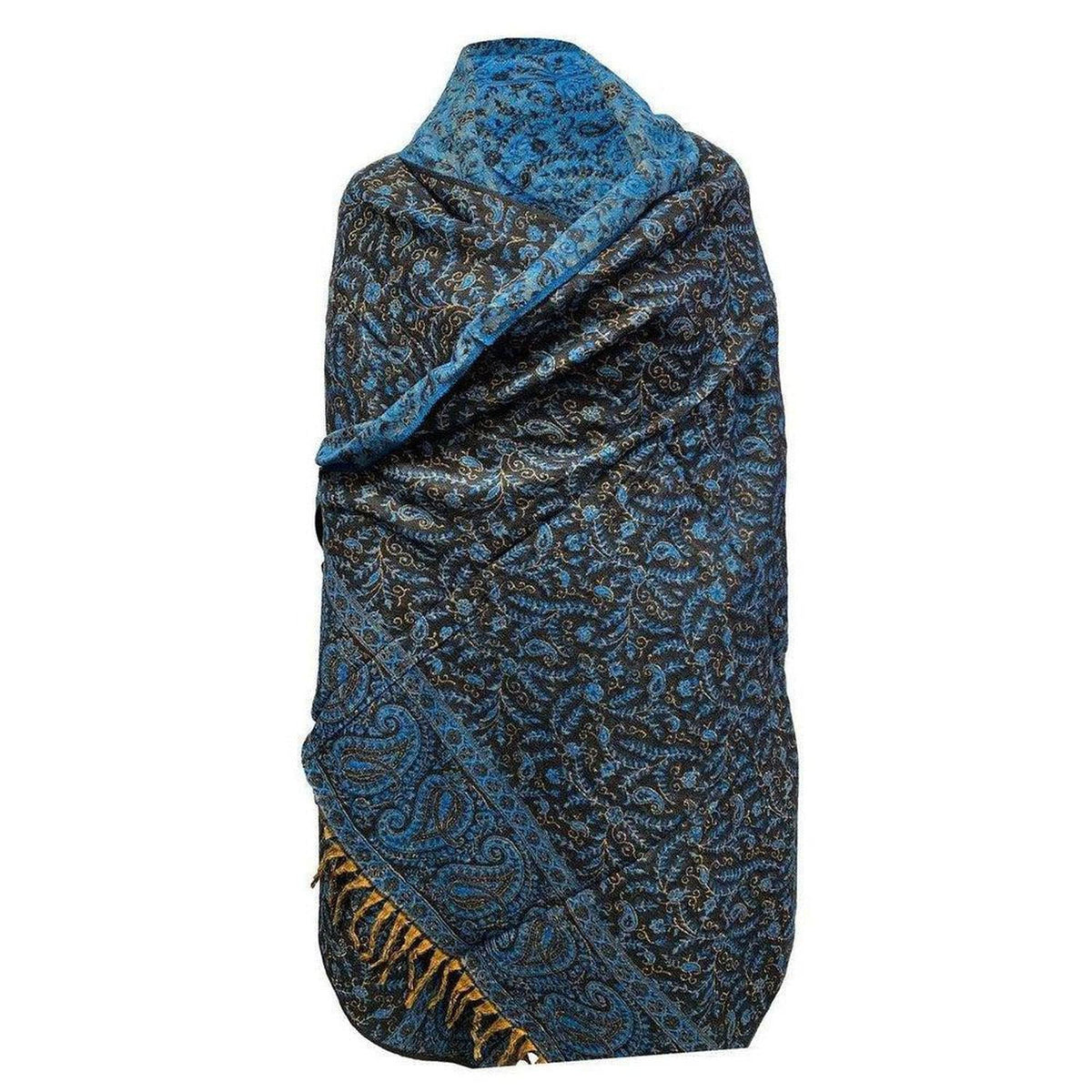 Soft yak wool shawl in black and blue with intricate paisley patterns and decorative fringe edges.