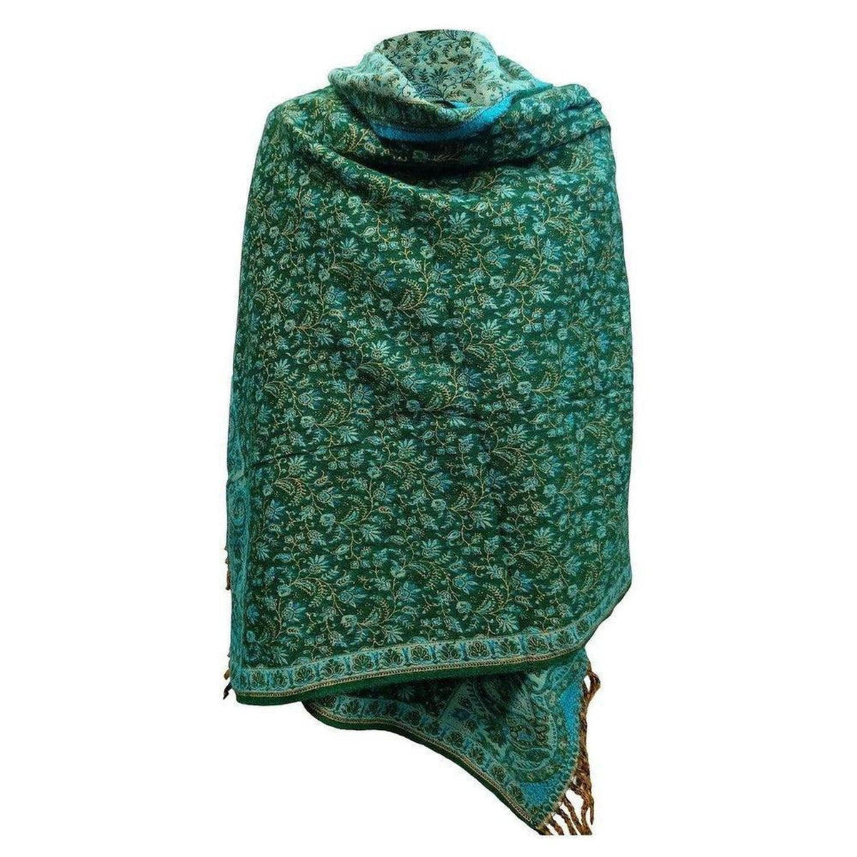 Emerald green yak wool shawl featuring an intricate floral paisley pattern and a decorative border with tassel ends.