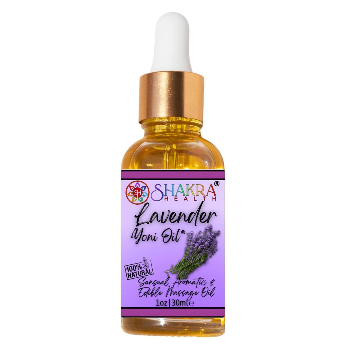 Amber glass dropper bottle of Shakra Health lavender yoni oil with a purple label and gold cap on white background.
