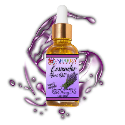 30ml bottle of Shakra Health lavender yoni oil with a gold dropper, set against a purple liquid splash background.