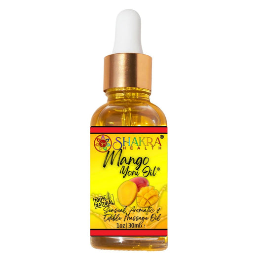 Shakra Health mango yoni oil in a 30ml glass dropper bottle with a gold cap and vibrant yellow mango-themed label.