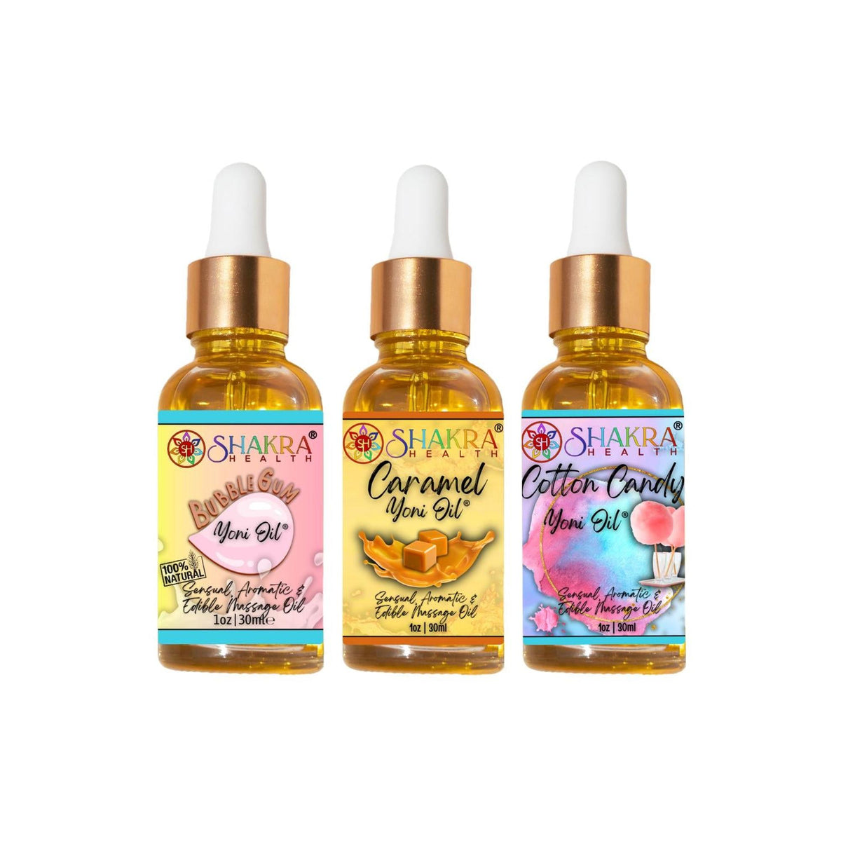 Three 30ml Shakra Health yoni oil bottles in Bubblegum, Caramel, and Cotton Candy scents with gold dropper caps.